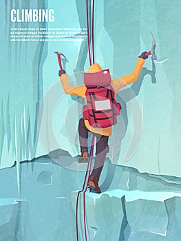 Extreme sports. Climbing the mountain. Ice climbing. Man with climbing gear