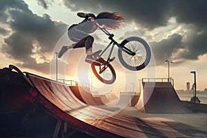Extreme sports competitions: athlete on a BMX bike performs a trick in ahigh jump