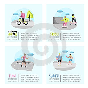 Extreme Sports Poster, Banner, Brochure. Teenager Skateboarding, Man on Bicycle, Girl Rolling. Active People Outdoor