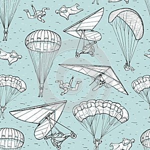 Extreme sports sketch seamless vector pattern on blue background. People performing parachuting, hang glider, wingsuit flying and