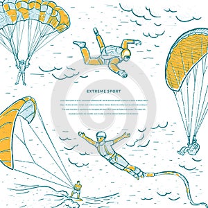 Extreme sports sketch vector template. Bungee jumping, kite surfing, free fall. Skydivers flying with a paraglider and parachute