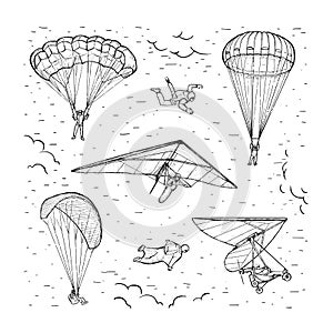 Extreme sports vector set. Sketch. People performing parachuting, hang glider, wingsuit flying and free fall.