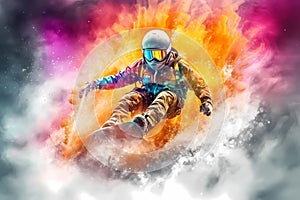 Extreme Sports in Vivid Color - A Snowboarder Shredding (Generative AI)