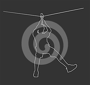 Extreme sportsman took down with rope line. Man climbing vector contour isolated on black. Sport weekend zip line action.