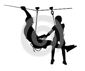 Extreme sportsman took down with rope. Man climbing silhouette. photo