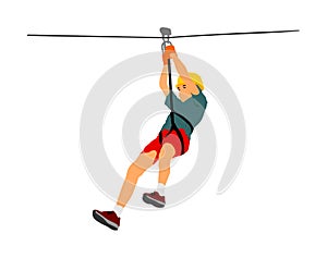 Extreme sportsman took down with rope. Man climbing vector illustration.