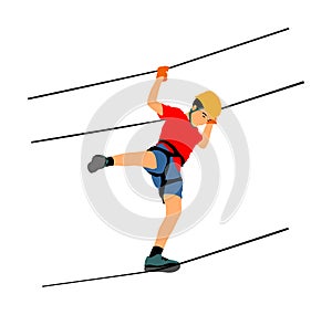 Extreme sportsman took down with rope. Man climbing vector illustration.