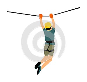 Extreme sportsman took down with rope. Man climbing vector illustration, isolated. Rescue mountain unit. Sport weekend action