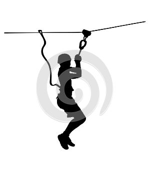 Extreme sportsman took down with rope. Man climbing vector silhouette.