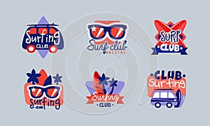 Extreme surf club logo templates set. Surfing, summer vacation, holiday adventures retro badges vector illustration