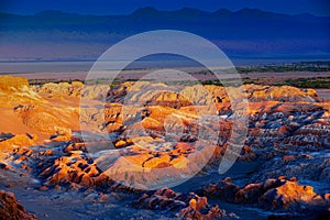 Extreme terrain of the Death valley in Atacama desert at sunset at San Pedro de Atacama, Chile.