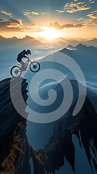 Extreme thrill silhouette of a motorbike rider executing daring mountain stunt photo