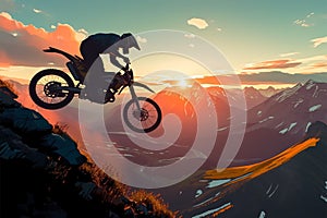 Extreme thrill silhouette of a motorbike rider executing daring mountain stunt photo