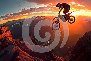 Extreme thrill silhouette of a motorbike rider executing daring mountain stunt photo