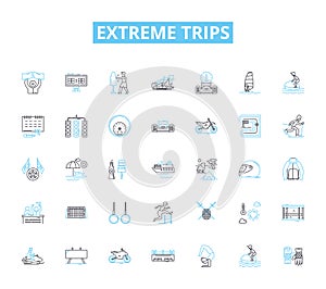 Extreme trips linear icons set. Adventurous, Thrilling, Intense, Challenging, Grueling, Extreme, Dangerous line vector