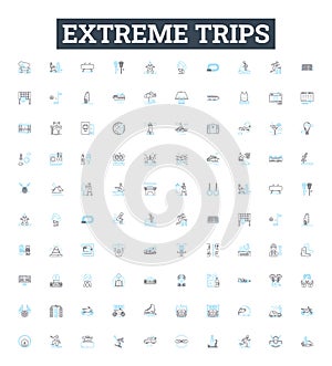 Extreme trips vector line icons set. Adventures, Thrills, Extremities, Expeditions, Explorations, Escapades, Pioneering