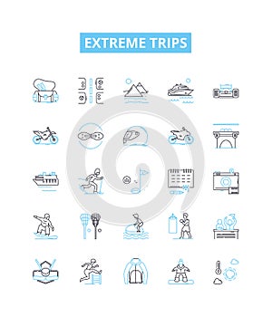 Extreme trips vector line icons set. Adventures, Thrills, Extremities, Expeditions, Explorations, Escapades, Pioneering