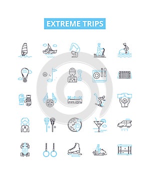 Extreme trips vector line icons set. Adventures, Thrills, Extremities, Expeditions, Explorations, Escapades, Pioneering