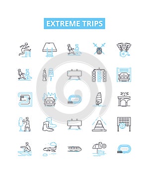 Extreme trips vector line icons set. Adventures, Thrills, Extremities, Expeditions, Explorations, Escapades, Pioneering