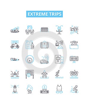 Extreme trips vector line icons set. Adventures, Thrills, Extremities, Expeditions, Explorations, Escapades, Pioneering