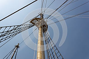 Extreme upward view of a tall ship mast, shrouds and rigging lines radiating out before blue sky, nautical theme