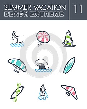 Extreme Water Sport icon set. Summer. Vacation