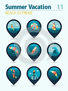 Extreme Water Sport pin map icon set. Vacation