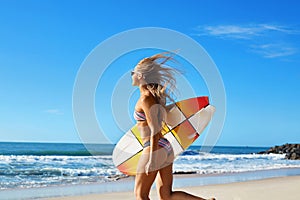 Extreme Water Sport. Surfing. Girl With Surfboard Beach Running.