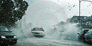 An extreme weather event like a massive hailstorm, with large hailstones damaging cars and homes photo
