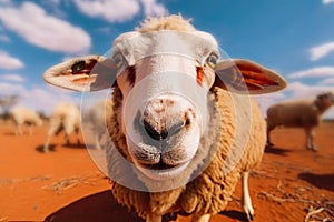 Extreme wide angle close up of an Australian sheep