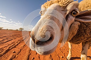 Extreme wide angle close up of an Australian sheep