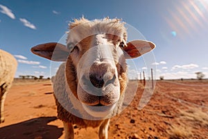 Extreme wide angle close up of an Australian sheep