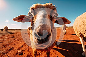 Extreme wide angle close up of an Australian sheep