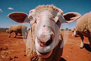 Extreme wide angle close up of an Australian sheep