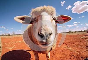 Extreme wide angle close up of an Australian sheep