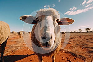 Extreme wide angle close up of an Australian sheep