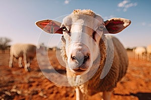 Extreme wide angle close up of an Australian sheep