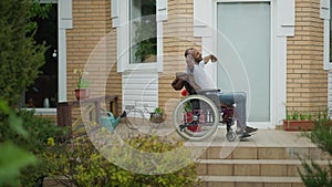Extreme wide shot of happy positive African American disabled man in wheelchair with stretched hands smiling. Side view