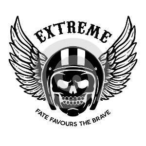 Extreme. Winged skull on black background. Design element for logo, label, emblem, sign, poster