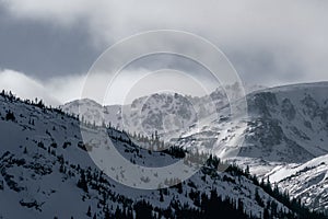 Extreme winter weather across desolate mountain landscape