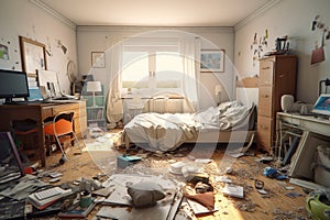 Extremely Chaotic, Untidy And Dirty Bedroom With Scattered Clothes And Cluttered Floor - Generative AI