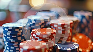 Extremely close-up of a few casino chips stacked, with shallow depth of field.