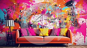 an extremely cool graffiti modern living room mockup, ai generated image
