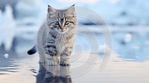 Extremely cute kitten on an iced lake in winter