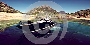 Extremely detailed and realistc high resolution 3D illustration of a luxury Super Yacht at a tropcial Island photo