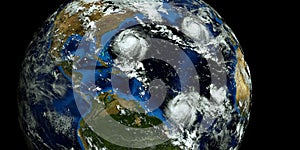 Extremely detailed and realistic high resolution 3D illustration of 2 hurricanes approaching the USA. Shot from Space. Elements of