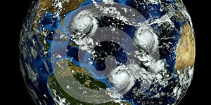 Extremely detailed and realistic high resolution 3D illustration of 2 hurricanes approaching the USA. Shot from Space. Elements of