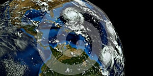 Extremely detailed and realistic high resolution 3D illustration of 2 hurricanes approaching the USA. Shot from Space. Elements of