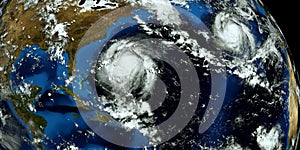 Extremely detailed and realistic high resolution 3D illustration of 2 hurricanes approaching the USA. Shot from Space. Elements of