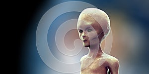 Extremely detailed and realistic high resolution 3D illustration of an extraterrestrial grey Alien. Shot with blurred background.